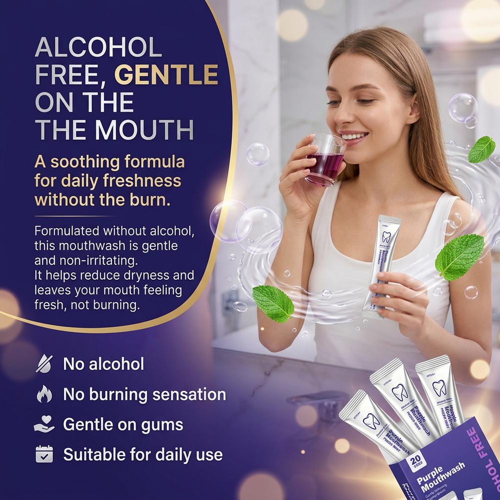 Teeth Whitening Mouthwash - 紫色のマウスウォッシュ。歯のクリーニング、口腔洗浄、毎日の口腔ケアに。やさしい使い心地で、日常使いに最適なパーソナルケア製品。