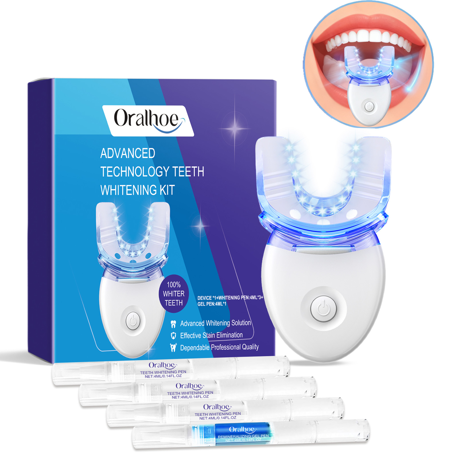 Teeth Whitening Mouthwash - プロフェッショナルな歯のホワイトニングLEDライトキット、4倍のホワイトニングジェル、加速ホワイトニングシステム、白い笑顔のためのブルーライトツール